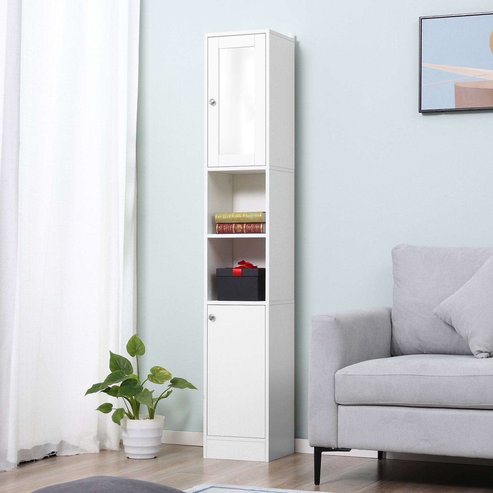 kleankin Tall Bathroom Storage Cabinet with Mirror, Freestanding Floor Cabinet Tallboy Unit with Adjustable Shelves, White - Image 4