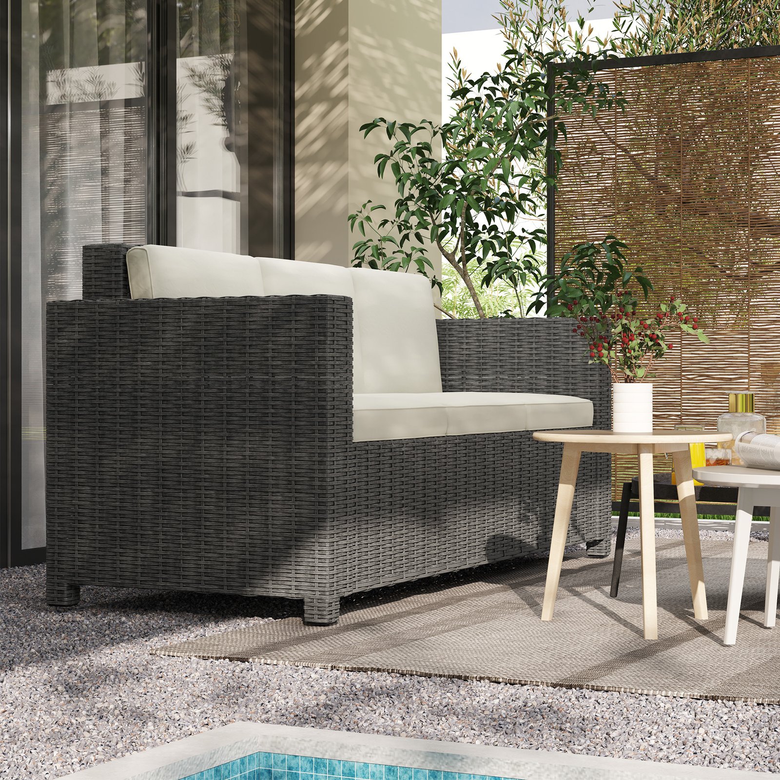 Outsunny 3 Seater Rattan Sofa All-Weather Wicker Weave Metal Frame Chair with Fire Resistant Cushio-Cream - Image 2
