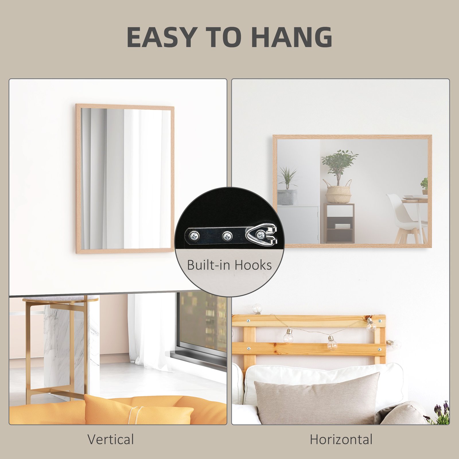 HOMCOM Wall Bathroom Mirror, 70 x 50 cm Wall-Mounted Mirror for Living Room, Bedroom, Hallway, Natural Wood - Image 5