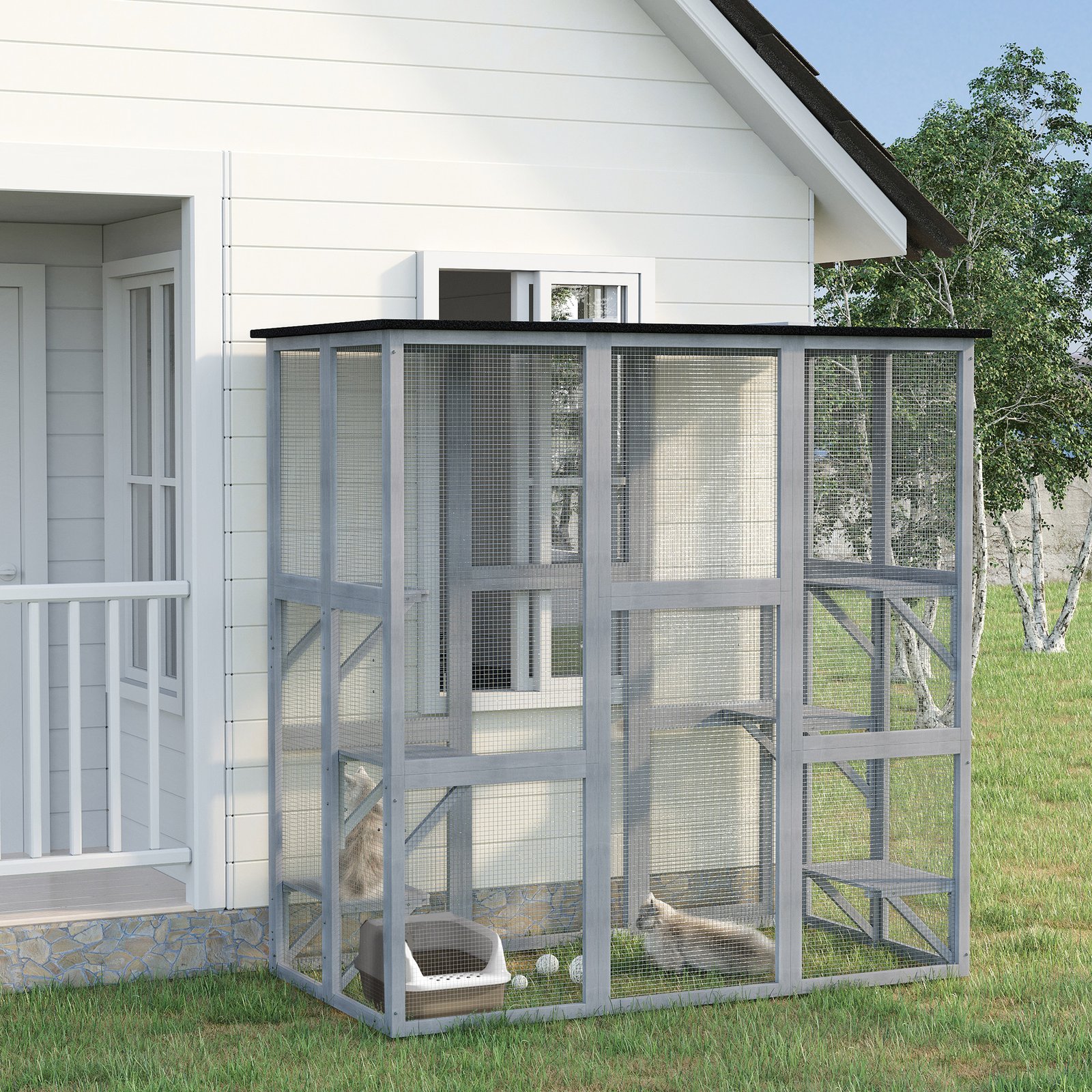 PawHut Wooden Catio Cat Outdoor Enclosure, Cat Cage with Waterproof Roof, Platforms, for Multiple Kittens, 180 x 98 x 180 cm - Image 2