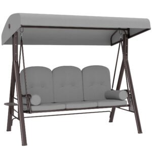 Outsunny 3 Seater Canopy Swing Chair, Outdoor Garden Swing Seat with Adjustable Canopy, Cushions and Cup Trays, Steel Frame, Light Grey