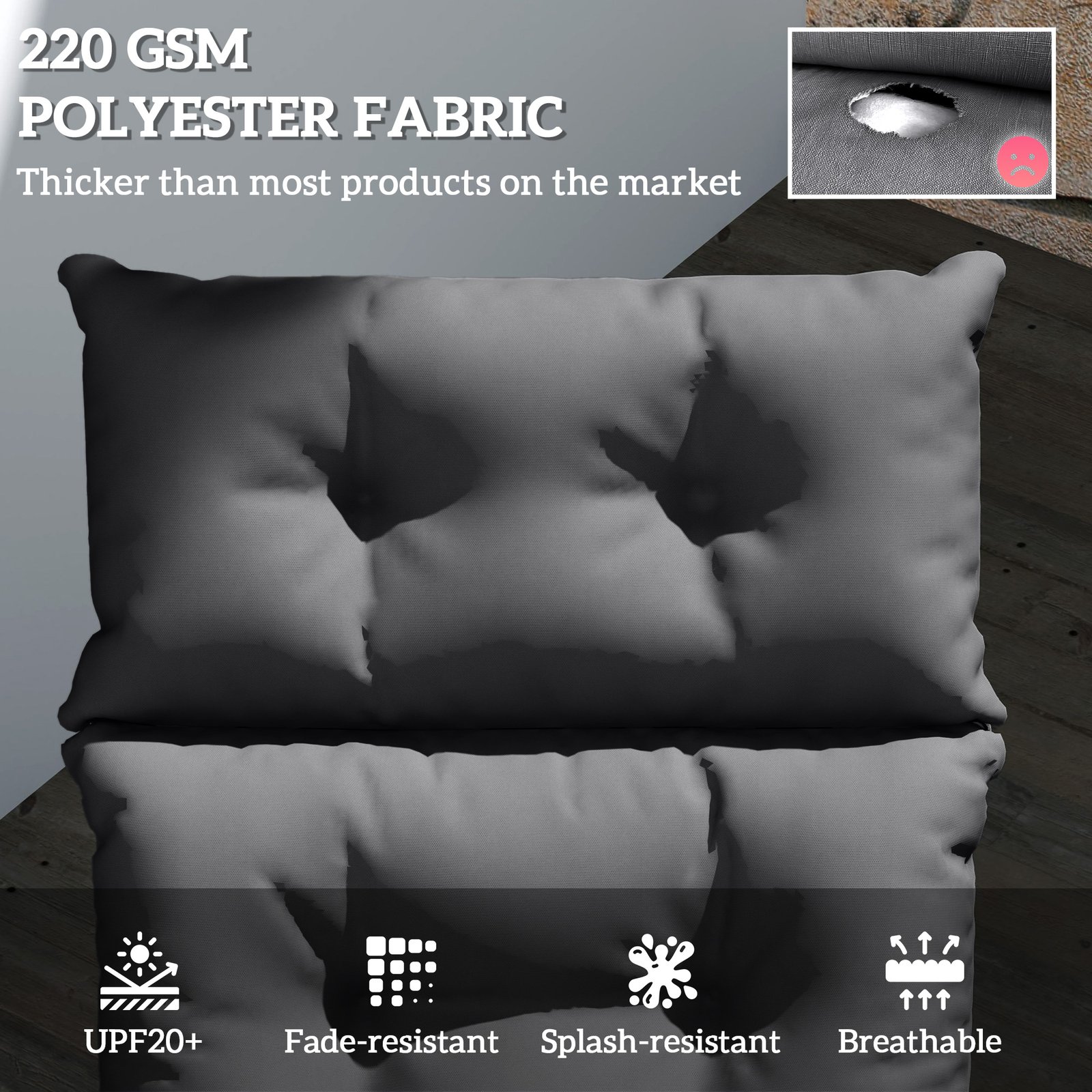 Outsunny Sun Lounger Cushions Only, 190x56x10cm Garden Lounge Chair Cushions, UPF20+ 220gsm Fabric, Thick Sunbed Replacement Pads with 6 Ties, Dark Grey - Image 4