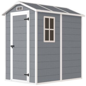 Outsunny 4 x 6ft Garden Shed, Plastic Shed with Floor, Window, Lockable Door and Vents, Resin Tool Shed for Outdoor Patio Storage, Zero Maintenance, Grey