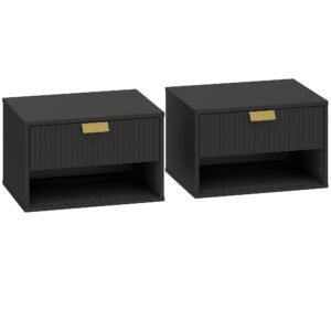 HOMCOM Set of 2 Wall Mounted Nightstands, Floating Bedside Tables with Fluted Drawer and Open Shelf for Small Bedroom, Black