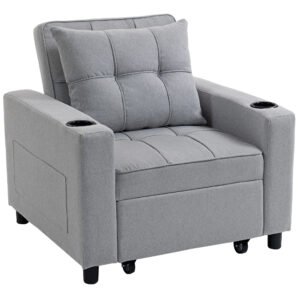 HOMCOM 3-in-1 Single Sofa Bed, Convertible Sleeper Chair Bed - Light Grey
