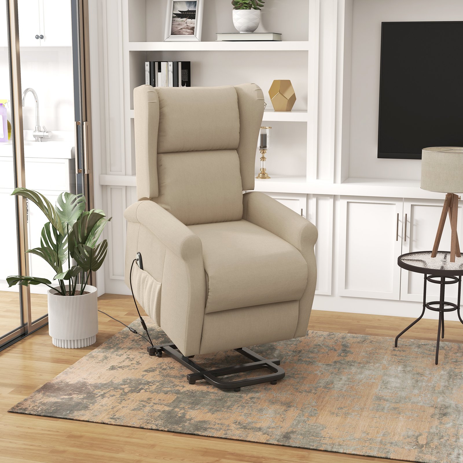 HOMCOM Power Lift Recliner Armchair, Electric Lift Chair for Elderly, Fabric Riser and Reclining Chair with Remote Control, Side Pockets, Extended Footrest, for Living Room, Beige - Image 2