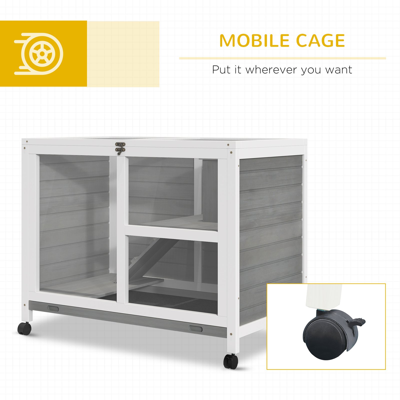 PawHut Wooden Rabbit Hutch Indoor with Wheels, Openable Roof, 91.5 x 53.3 x 73 cm, Grey - Image 6