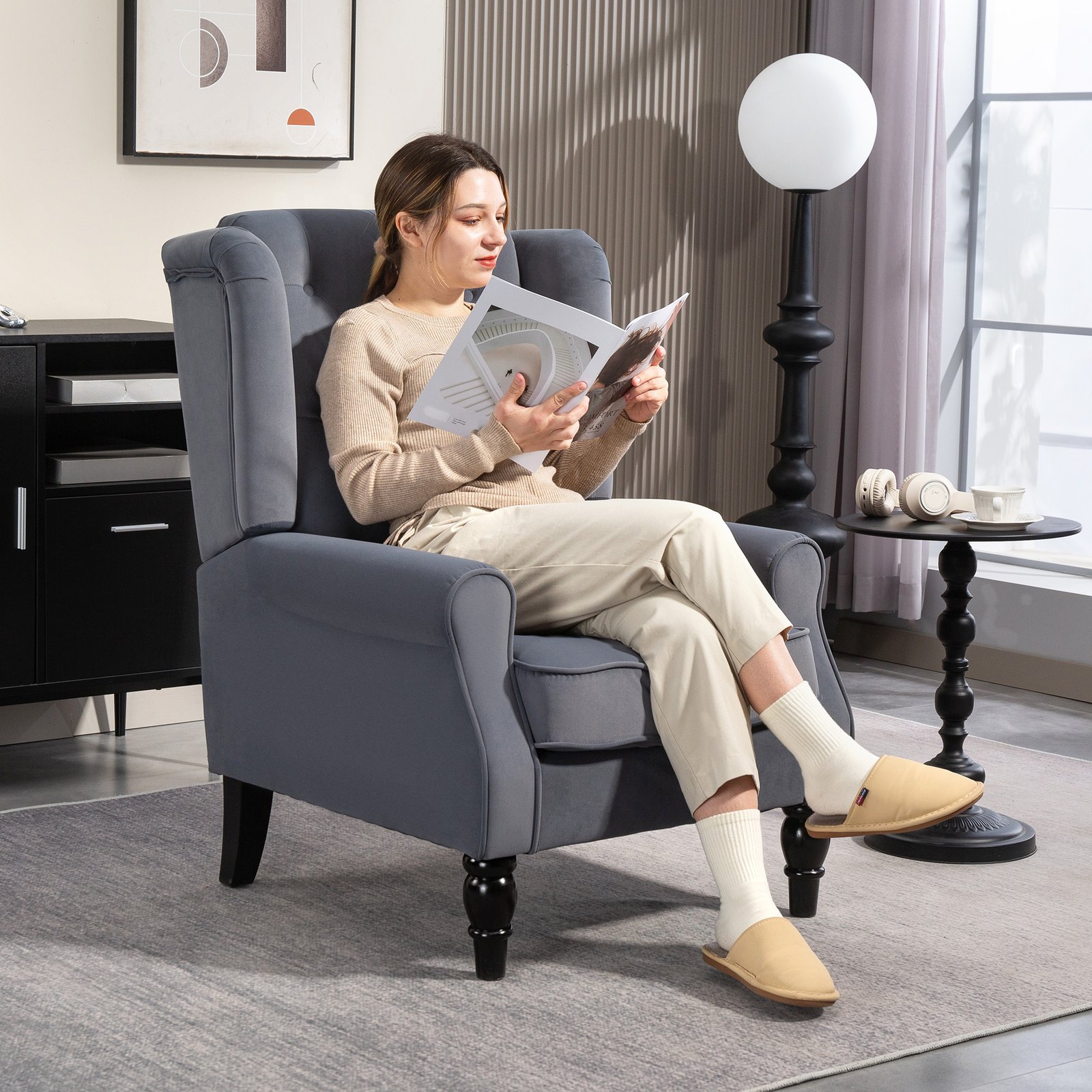HOMCOM Wingback Accent Chair, Retro Upholstered Button Tufted Occasional Chair for Living Room and Bedroom, Grey - Image 2