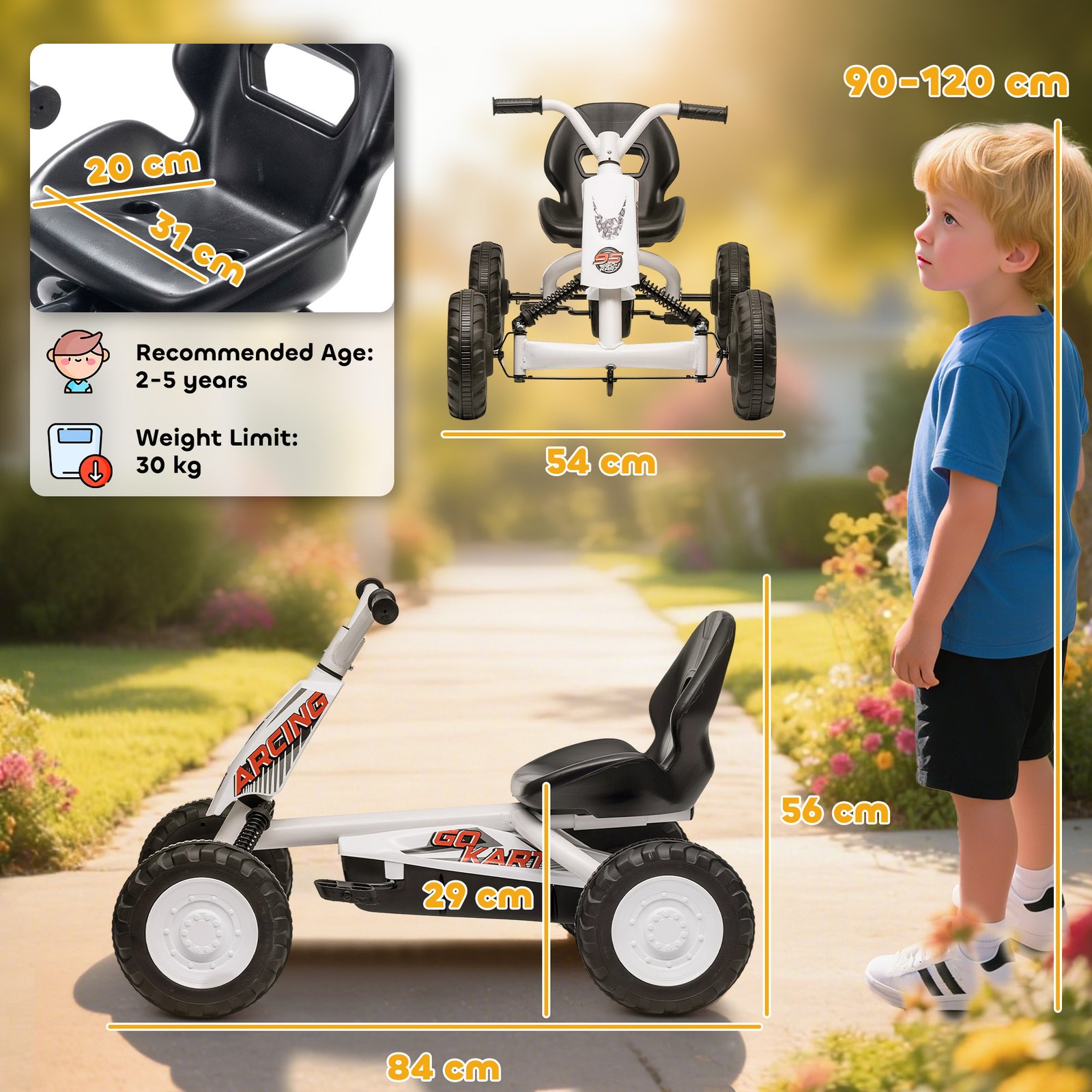 AIYAPLAY Kids Pedal Go Kart with Steel Frame, Sporty Design, for Ages 2-5 Years, White - Image 3