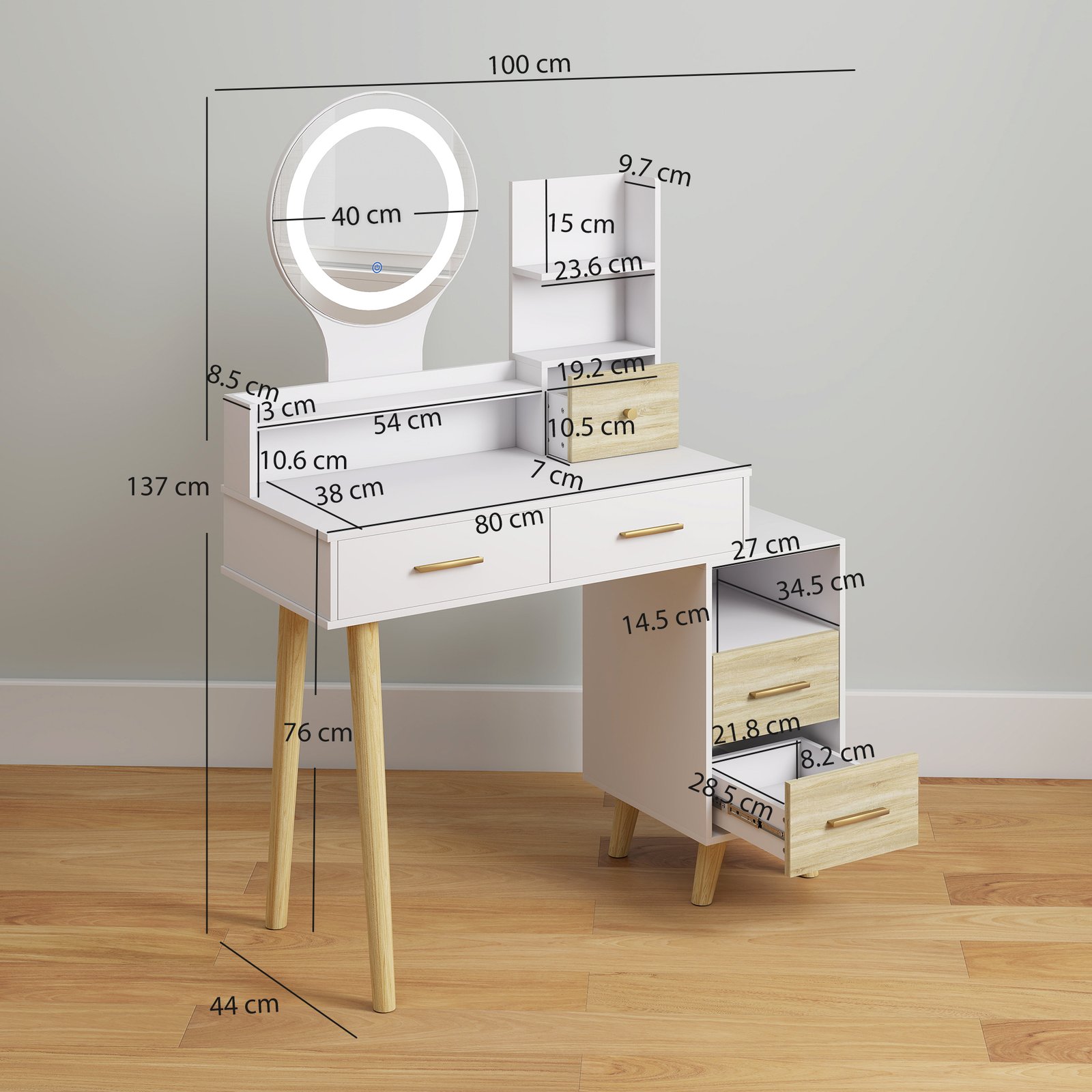 HOMCOM Elegant Dressing Table, with Storage - White - Image 3