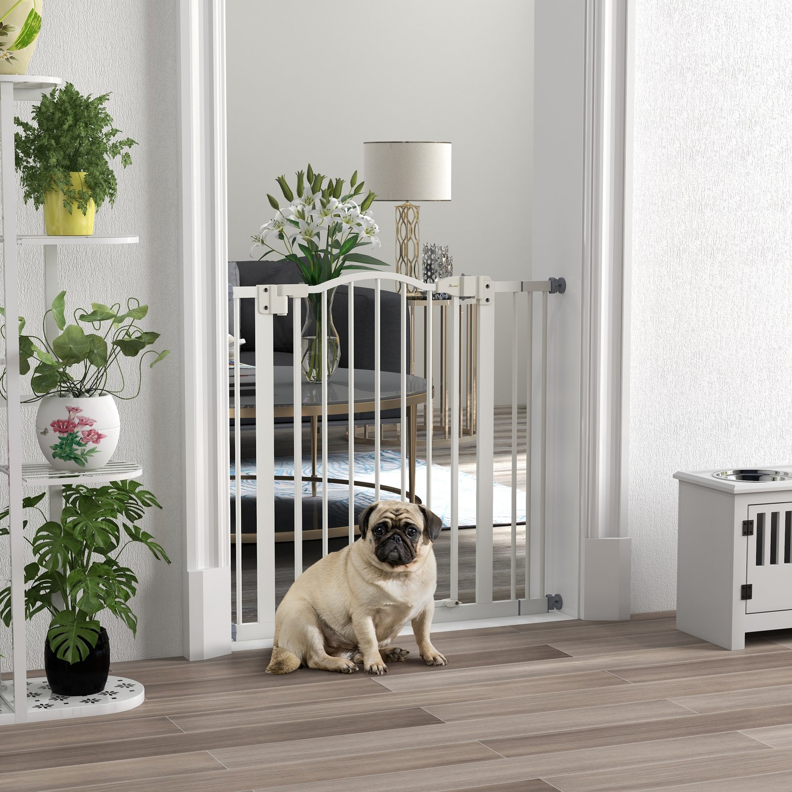 PawHut Metal 74-87cm Adjustable Pet Gate Safety Barrier w/ Auto-Close Door White - Image 2