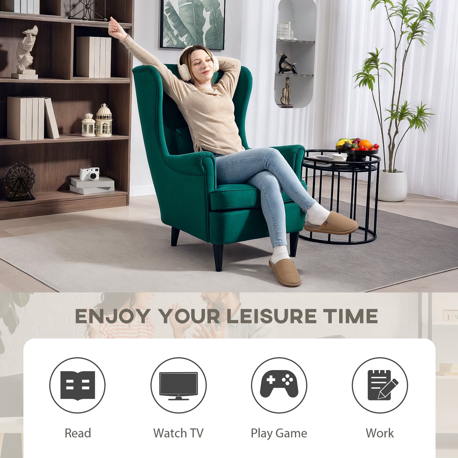 HOMCOM Modern Accent Chair, Upholstered Wingback Armchair with High Backrest and Pillow, Velvet-Feel Fabric Reading Chair with Solid Wood Legs for Living Room, Bedroom, Home Office, Dark Green - Image 6