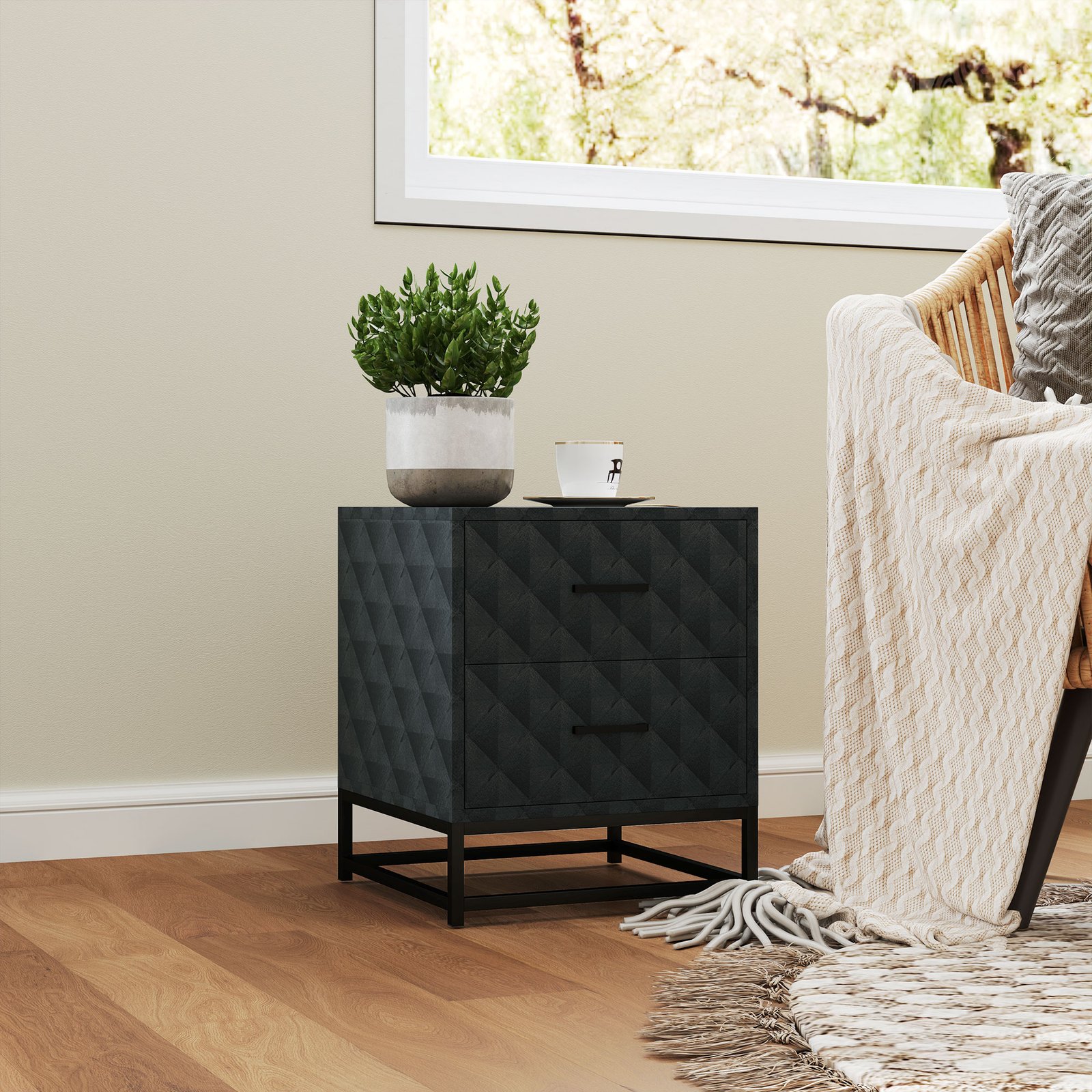 HOMCOM Bedside Tables Set of 2, Modern Bedside Table Nightstand with 2 Drawers, Bedside Cabinet Sofa Side Table with Storage, Steel Legs for Bedroom, Living Room, Black - Image 8