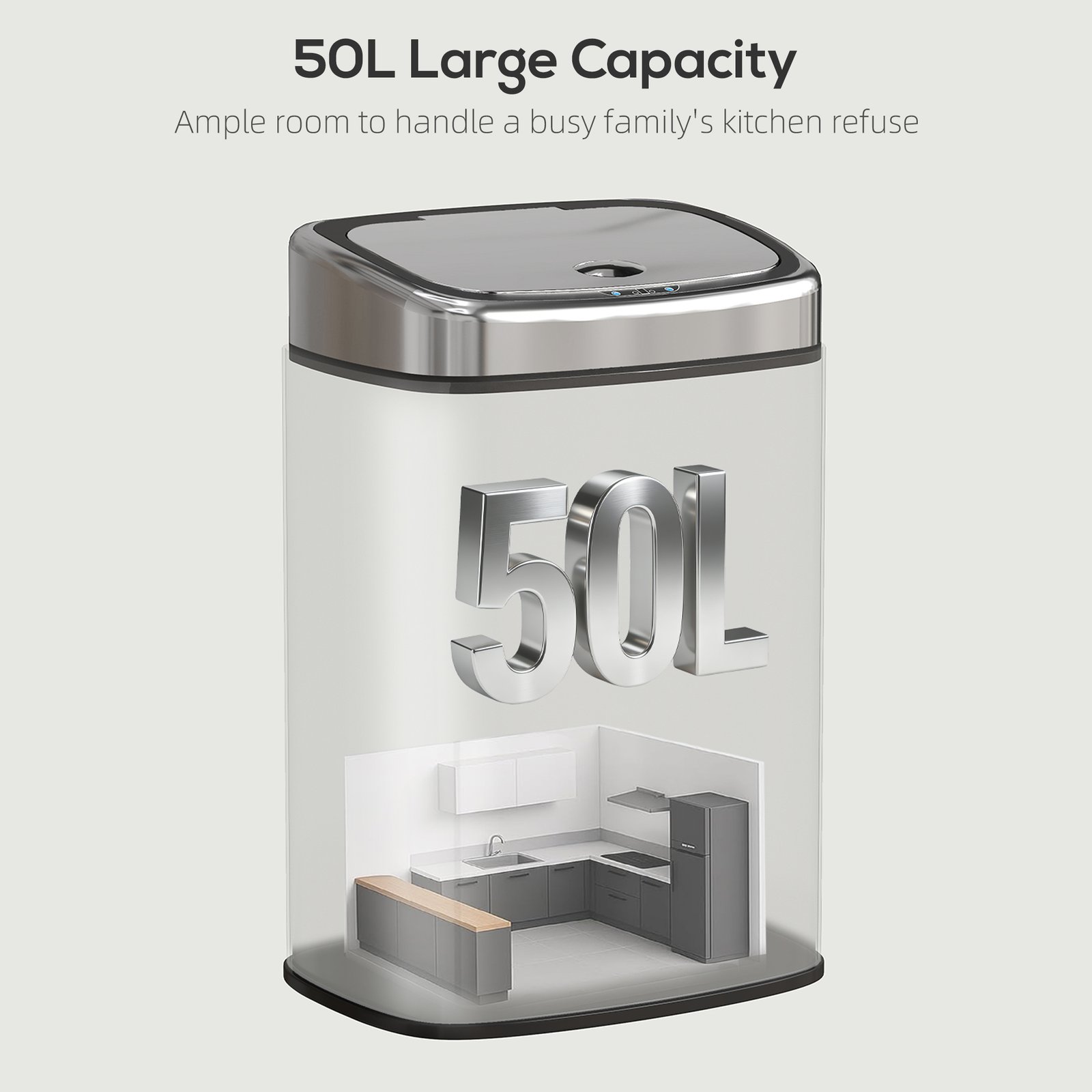 HOMCOM 50L Stainless Steel Sensor Bin - Silver Tone - Image 5