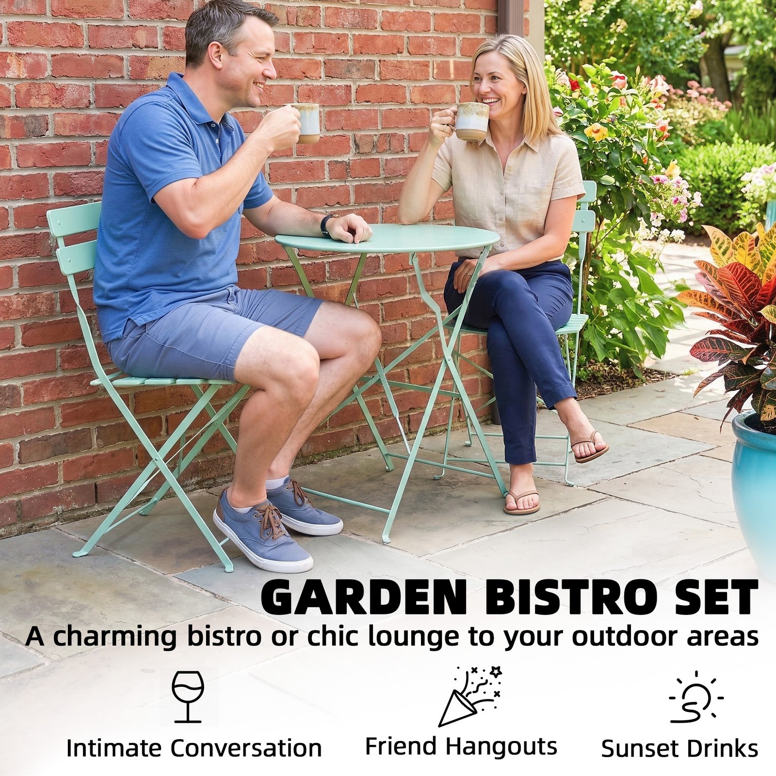 Outsunny Folding Garden Bistro Set, Outdoor Round Bistro Table and Chairs Set 2 with Electrophoresis Metal Frame, Light Green - Image 5