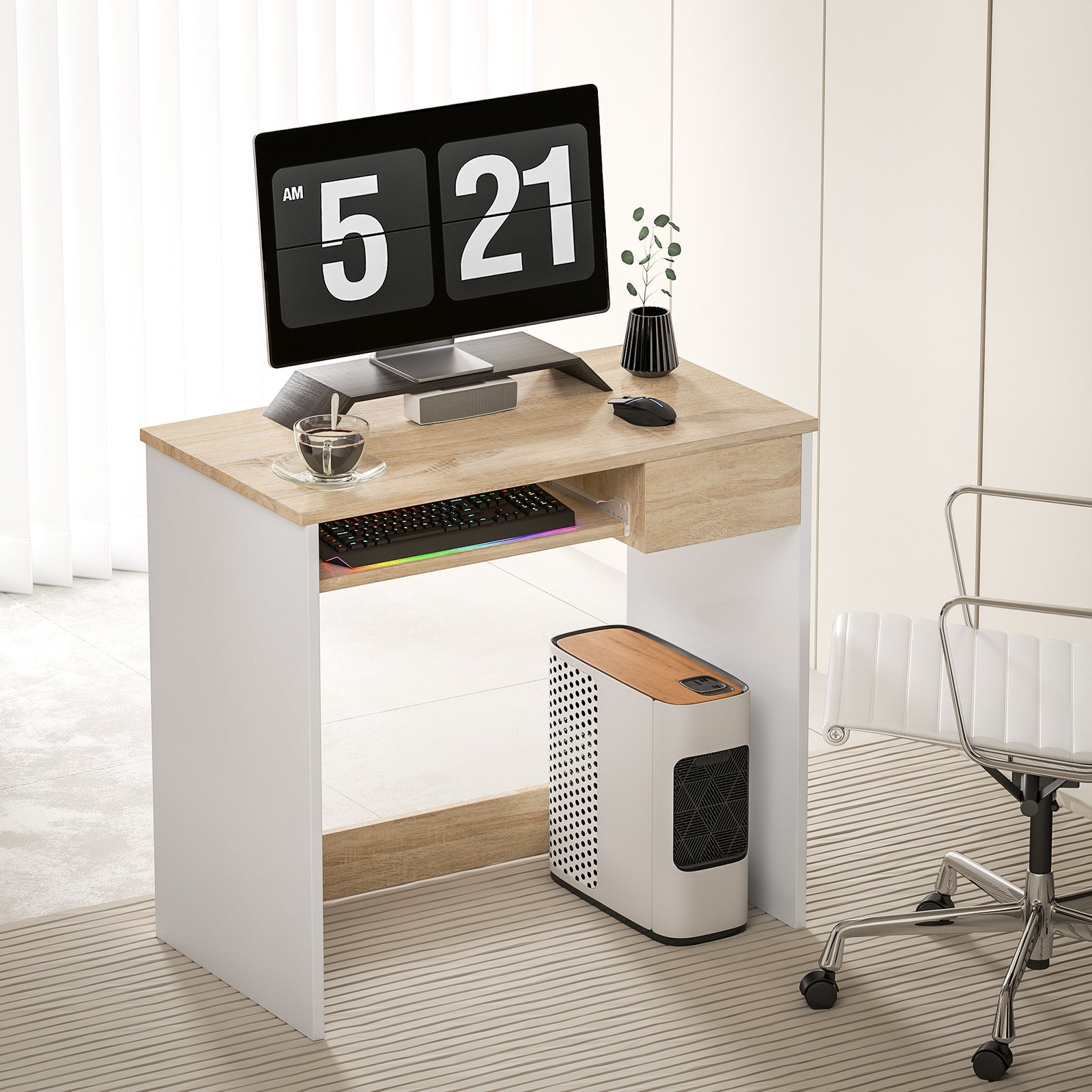 HOMCOM 80cm Compact Computer Desk with Keyboard Tray, Home Office Desk with Drawer for Bedroom Study, Oak - Image 2