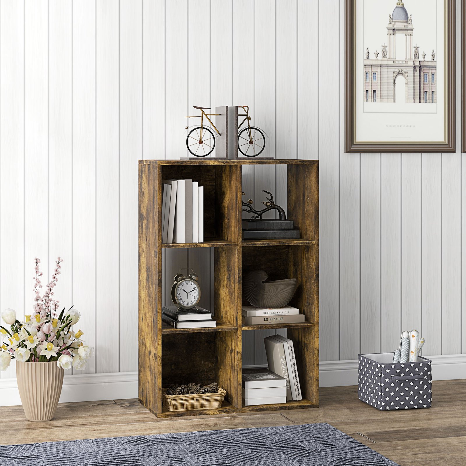HOMCOM 6-Cube Bookshelf - Rustic Brown - Image 7