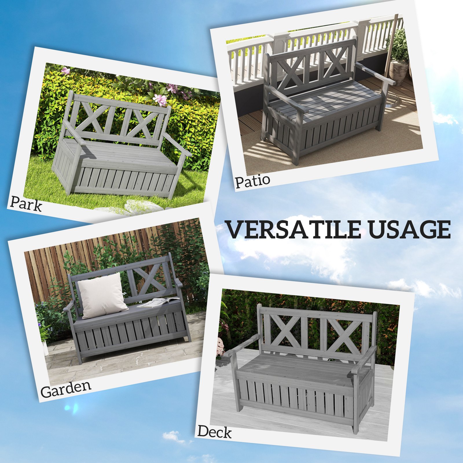 Outsunny 2-Seater Garden Storage Bench for Patio Wood Porch Decor Outdoor Seating, Charcoal Grey - Image 7