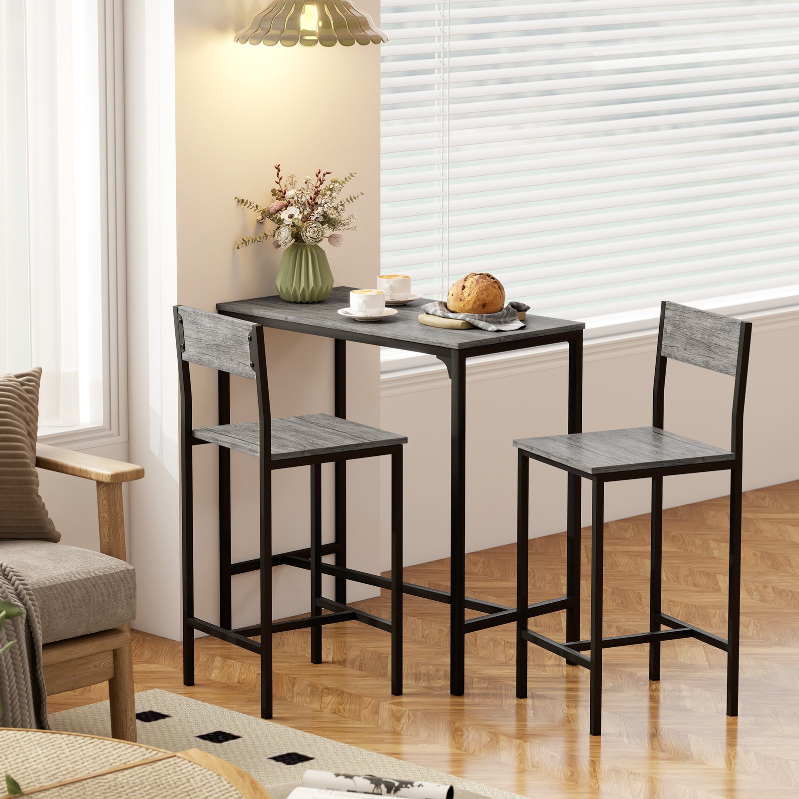 HOMCOM 3-Piece Bar Table Set with 2 Stools, Industrial Breakfast Bar Set with Footrest, Backrest for Dining Room, Small Space - Image 6