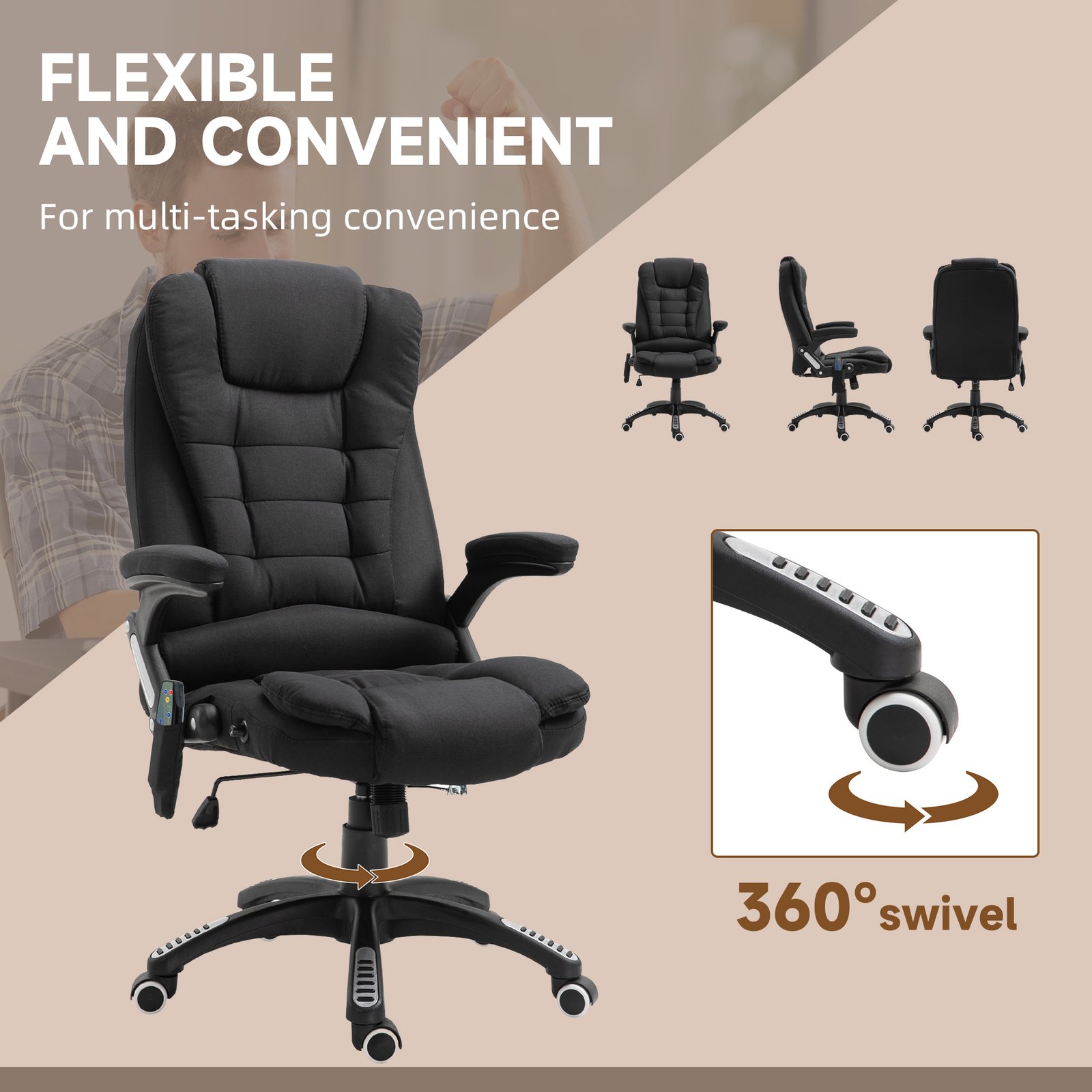 Vinsetto Massage Recliner Chair Heated Office Chair with Six Massage Points Linen-Feel Fabric 360° Swivel Wheels Black - Image 8