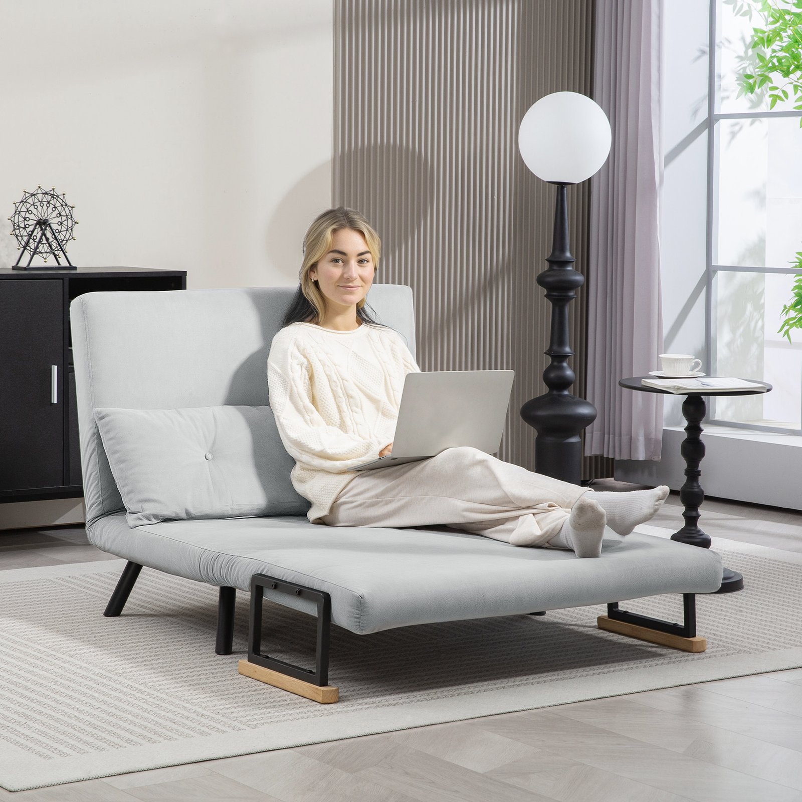 HOMCOM 4-in-1 Velvet-Feel Double Sofa Bed, with Pillows - Light Grey - Image 7