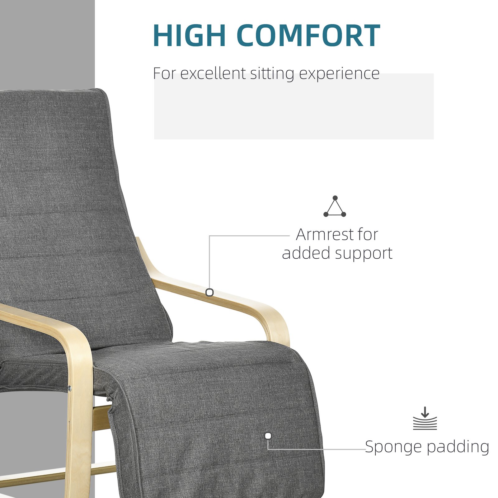 HOMCOM Wooden Armchair, Upholstered Linen Lounge Chair with Adjustable Footrest & Removable Cushion, Poang Chair for Living Room, Dark Grey - Image 5
