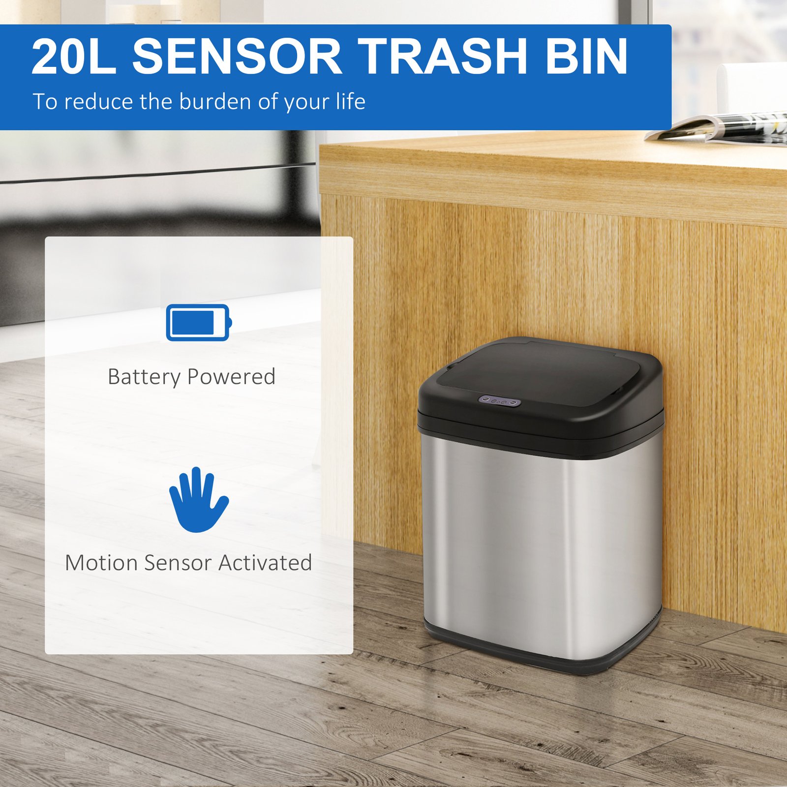 HOMCOM 20L LUXURY Automatic Sensor Dustbin Kitchen Waste Bin Rubbish Trashcan Auto Dustbin Stainless Steel with Bucket 33*25*42.5CM - Image 6