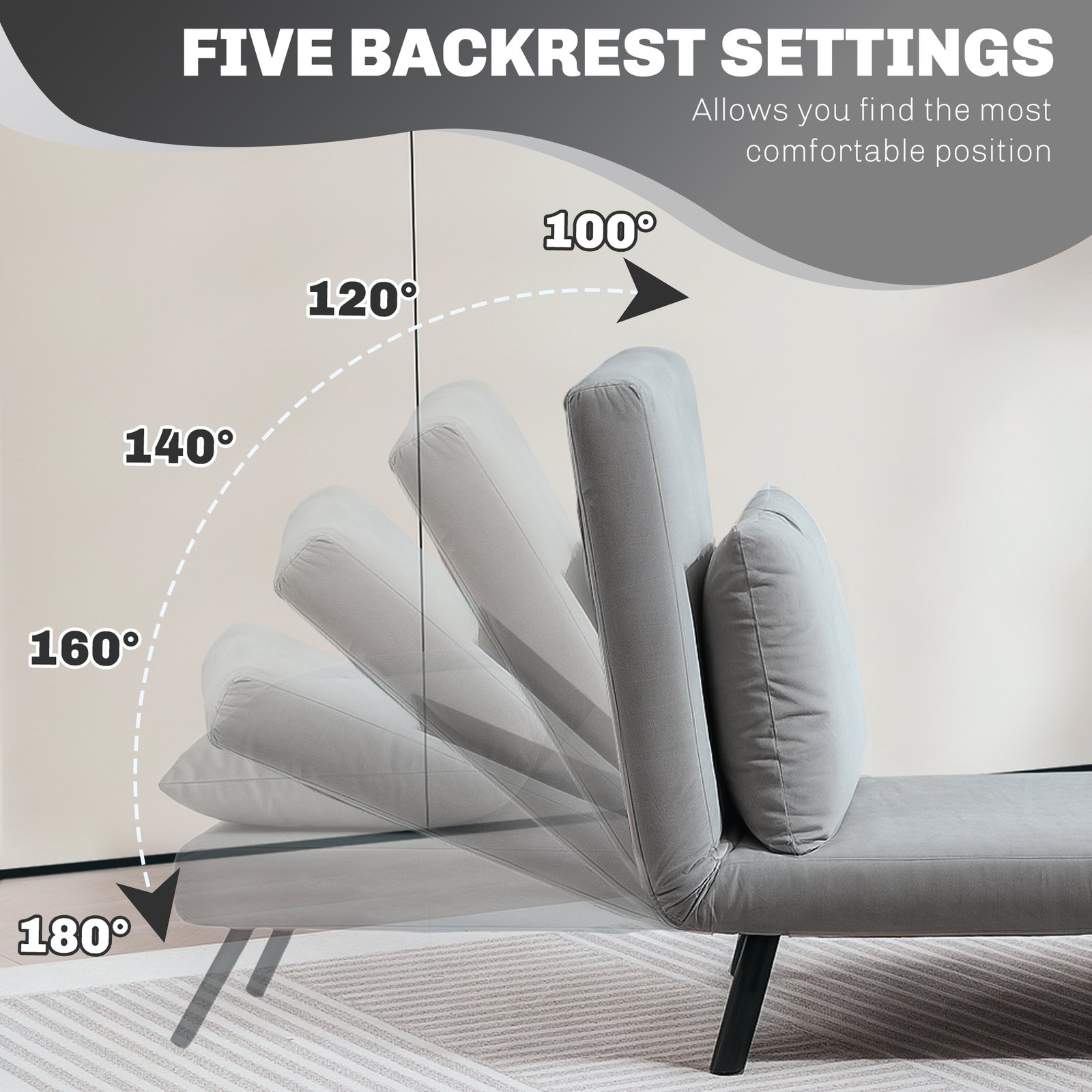 HOMCOM 4-in-1 Velvet-Feel Single Chair Bed, with Pillow - Light Grey - Image 5