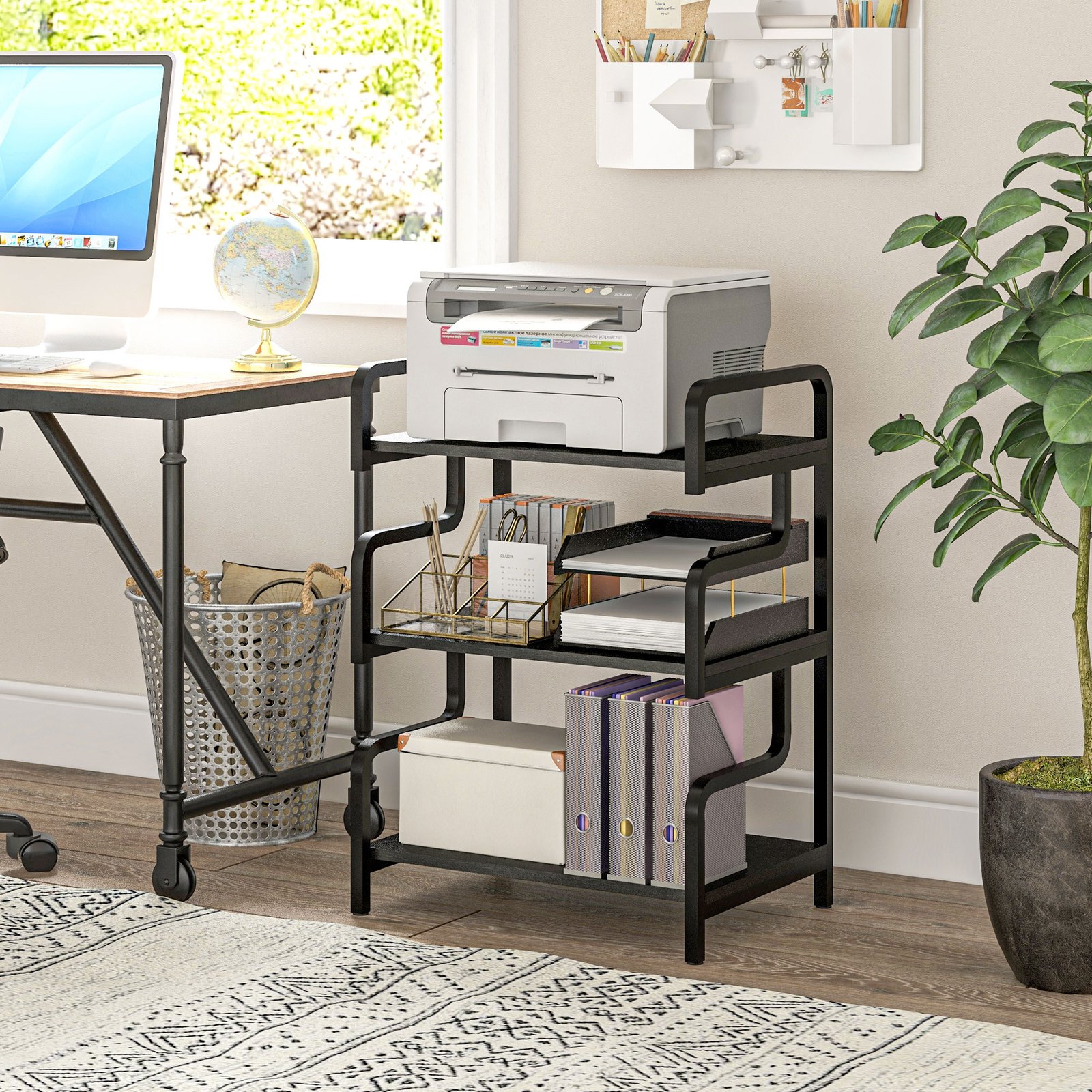 HOMCOM 3-Tier Printer Stand with Storage Shelves, Printer Table, 55 x 40 x 77cm Printer Shelf for Home Office, Study, Black - Image 2