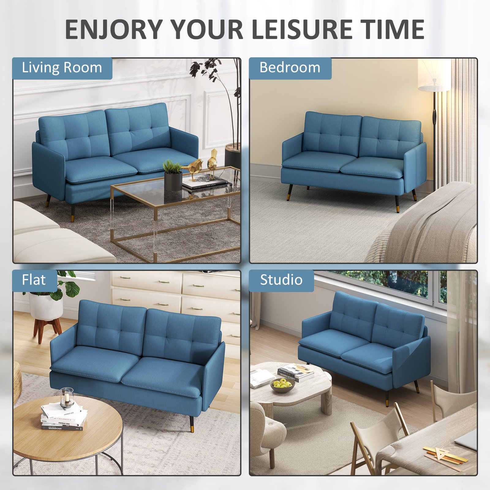HOMCOM Modern Two Seater Sofa, Button Tufted Loveseat with Cushions and Steel Legs for Living Room, Guest Room, Dark Blue - Image 7