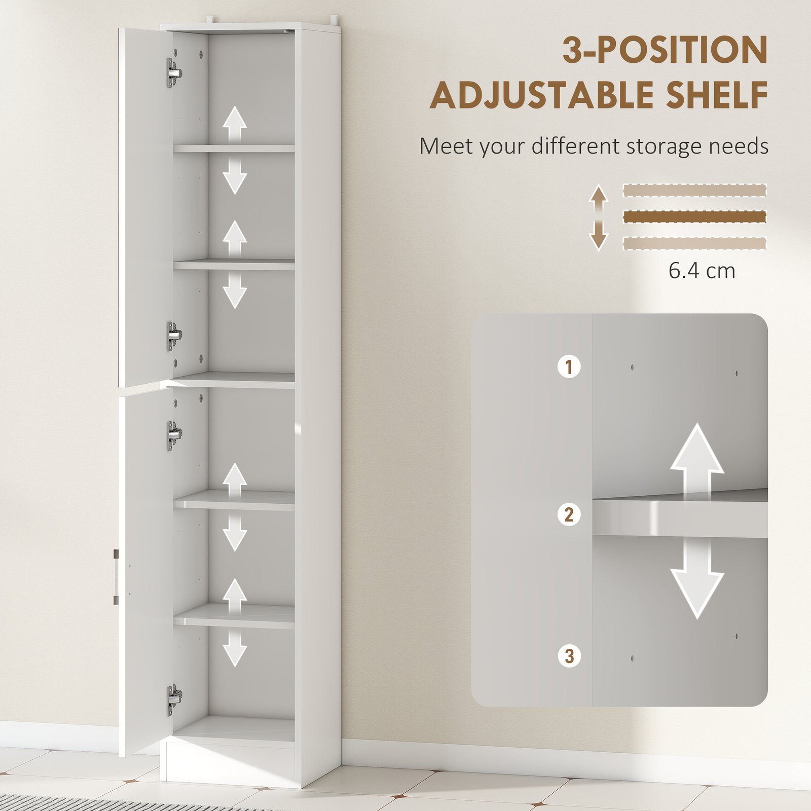 kleankin Tall Bathroom Cabinet with Mirror and Adjustable Shelf - White - Image 5