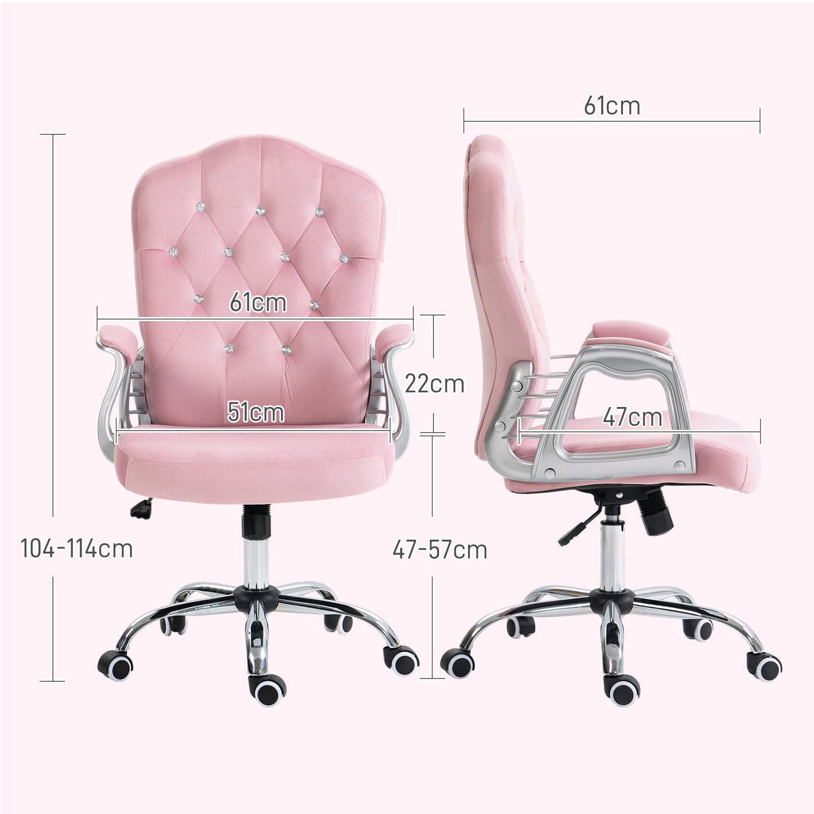 Vinsetto Velvet-Feel Work Chair, with Diamante Back - Pink - Image 3