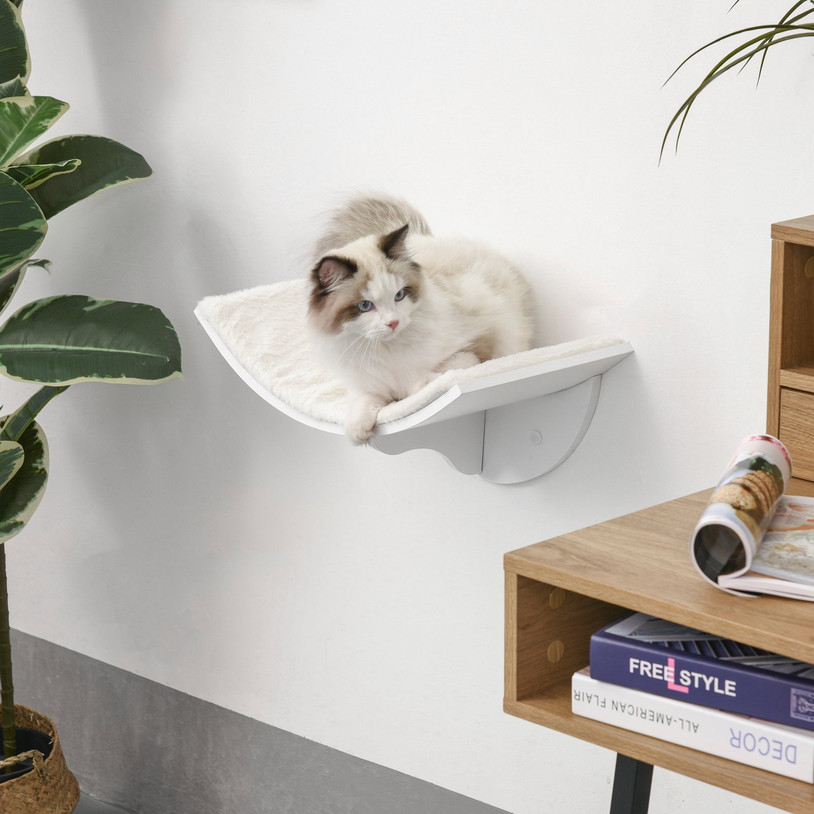 PawHut Wood Cat Shelves, Wall-Mounted Cat Shelter, Curved Kitten Bed Perch Climber Furniture 41 x 28 x 21cm White - Image 2