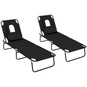 Outsunny Folding Sun Loungers Set of 2 with Face Hole, 4-Position Adjustable Backrest Garden Recliner Chairs Sunbeds, Outdoor Lounge Chairs with 600 D Oxford Cloth Seat, Pillow for Beach, Black
