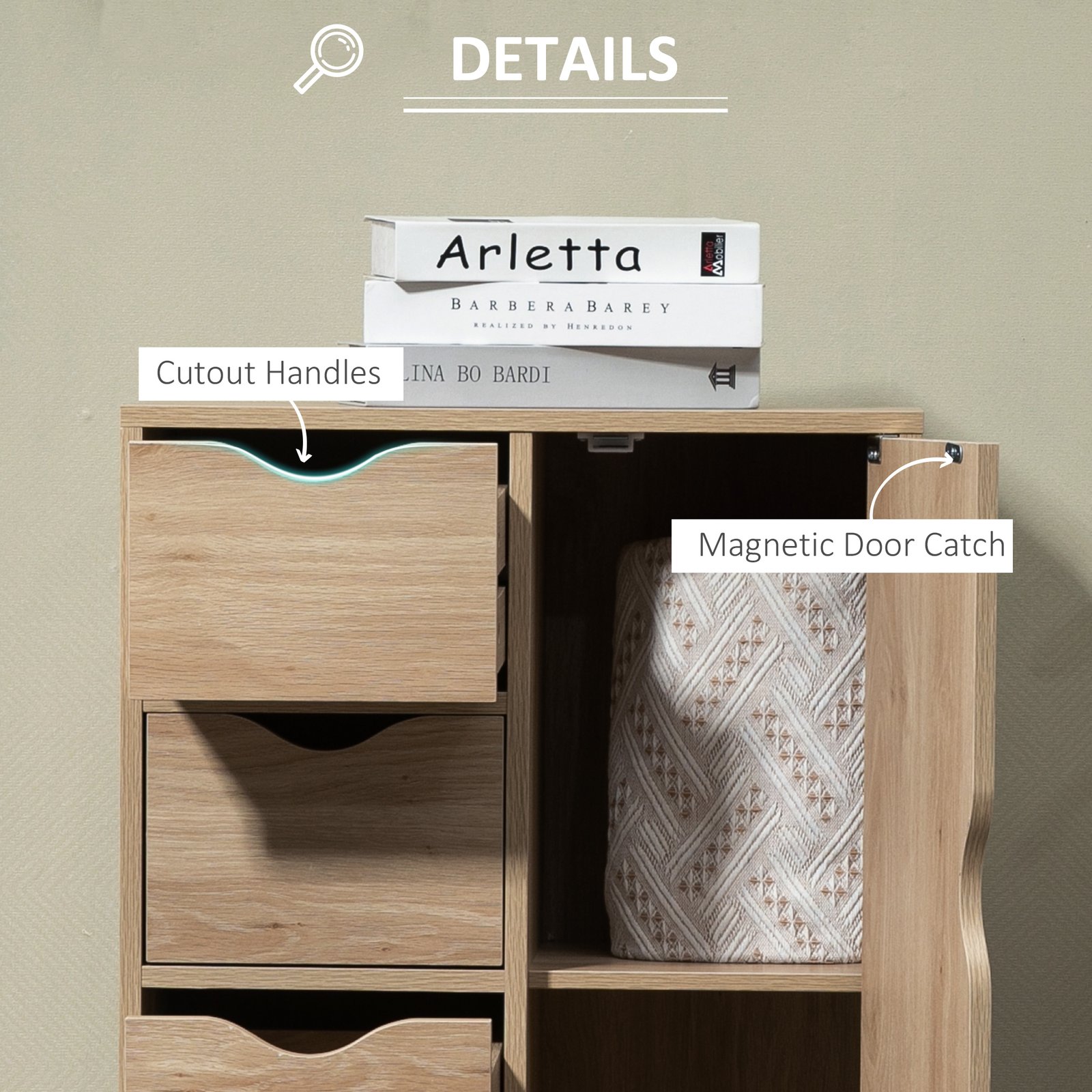HOMCOM Bathroom Cabinet, Freestanding Storage Cabinet with 4 Drawers, Door Cupboard for Living Room, Kitchen, Bedroom, Natural - Image 6