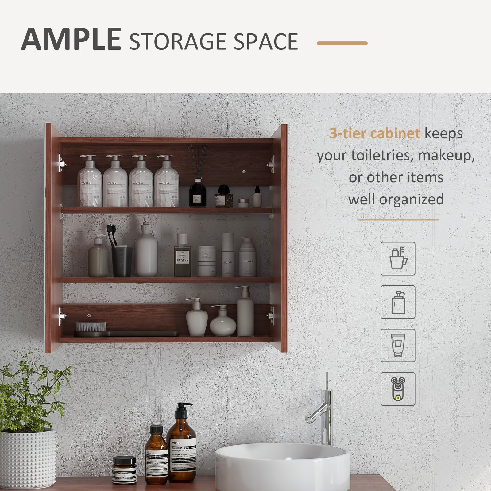 kleankin Double Door Bathroom Mirror Cabinet, Wall Mounted Bathroom Storage Cabinet, Soft Closing, 63L x 60Hcm - Image 4