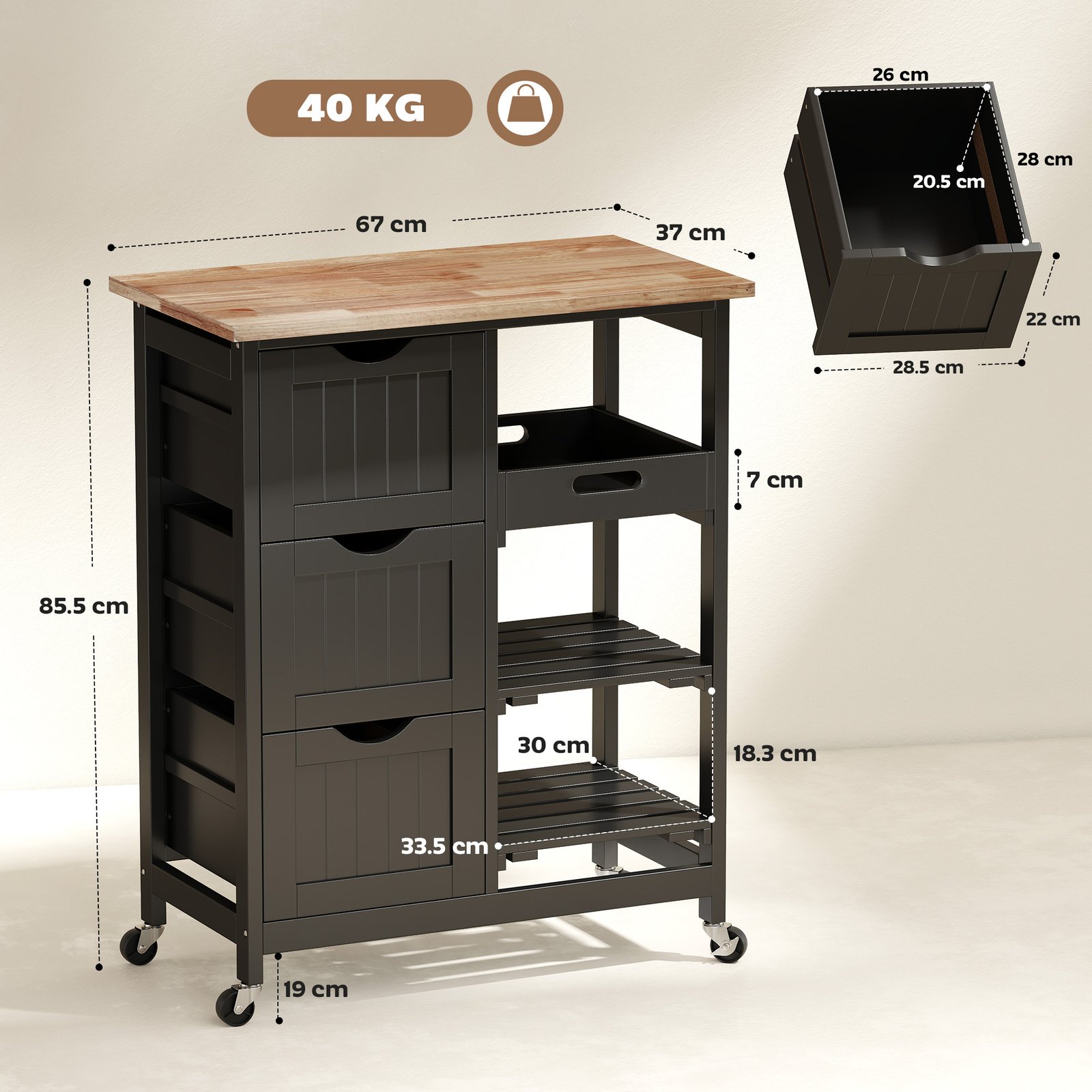 HOMCOM Rolling Kitchen Island Cart, Bar Serving Cart, Compact Trolley on Wheels with Wood Top, Shelves & Drawers for Home Dining Area, Black - Image 3