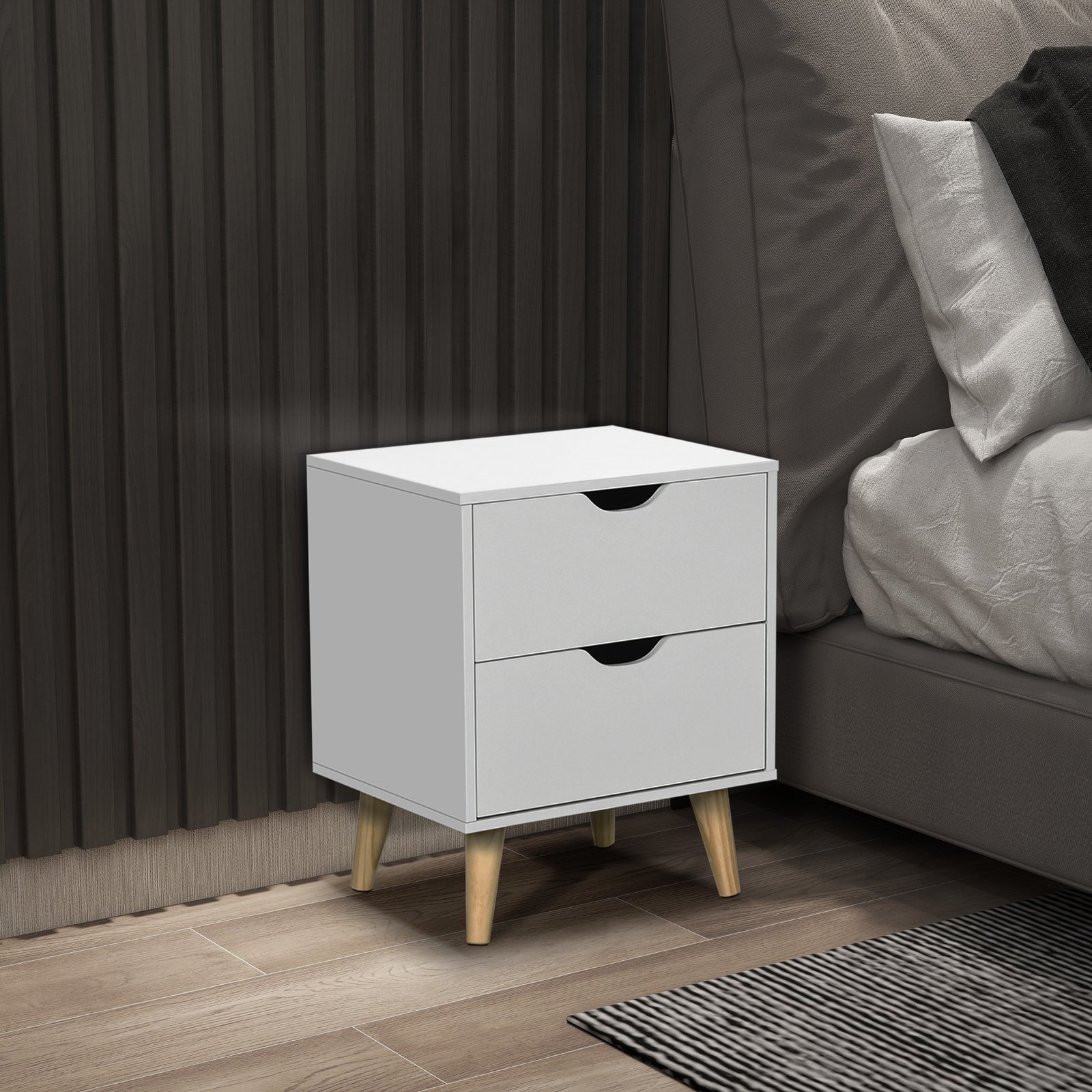 HOMCOM Bedside Table, Bedside Cabinet with 2 Drawers, Side End Table with Pine Wood Legs for Bedroom Living Room, White - Image 2