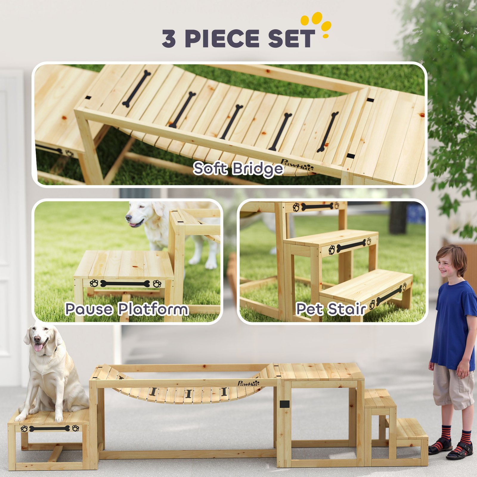 PawHut 3 Pieces Wooden Dog Agility Training Equipment with Soft Bridge, Pause Platform and Pet Stair for Outdoor, Natural Wood - Image 4