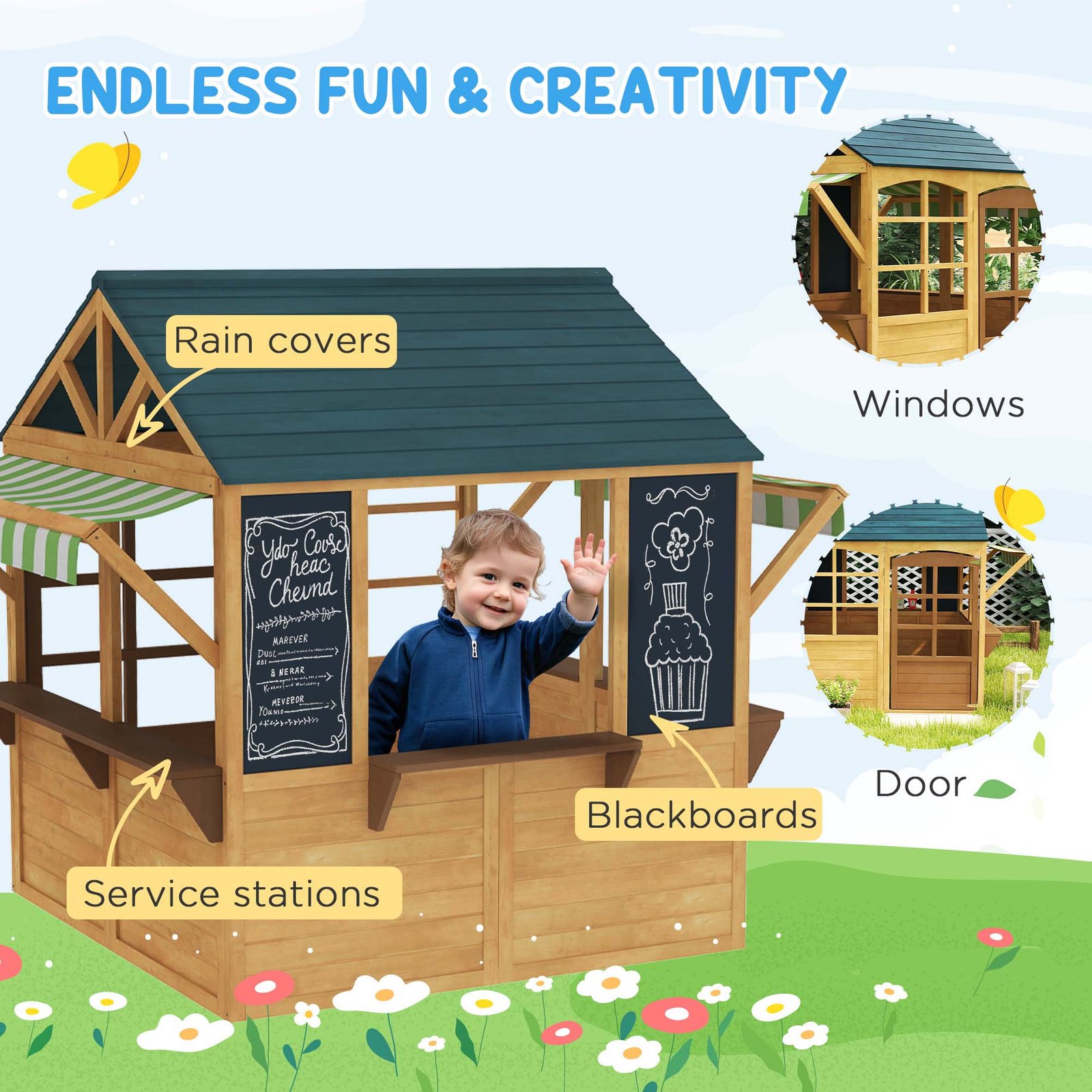 AIYAPLAY Wooden Playhouse for Kids, Foldable Wendy House with Windows, Working Door, Service Stations, Rain Covers, Brown - Image 6