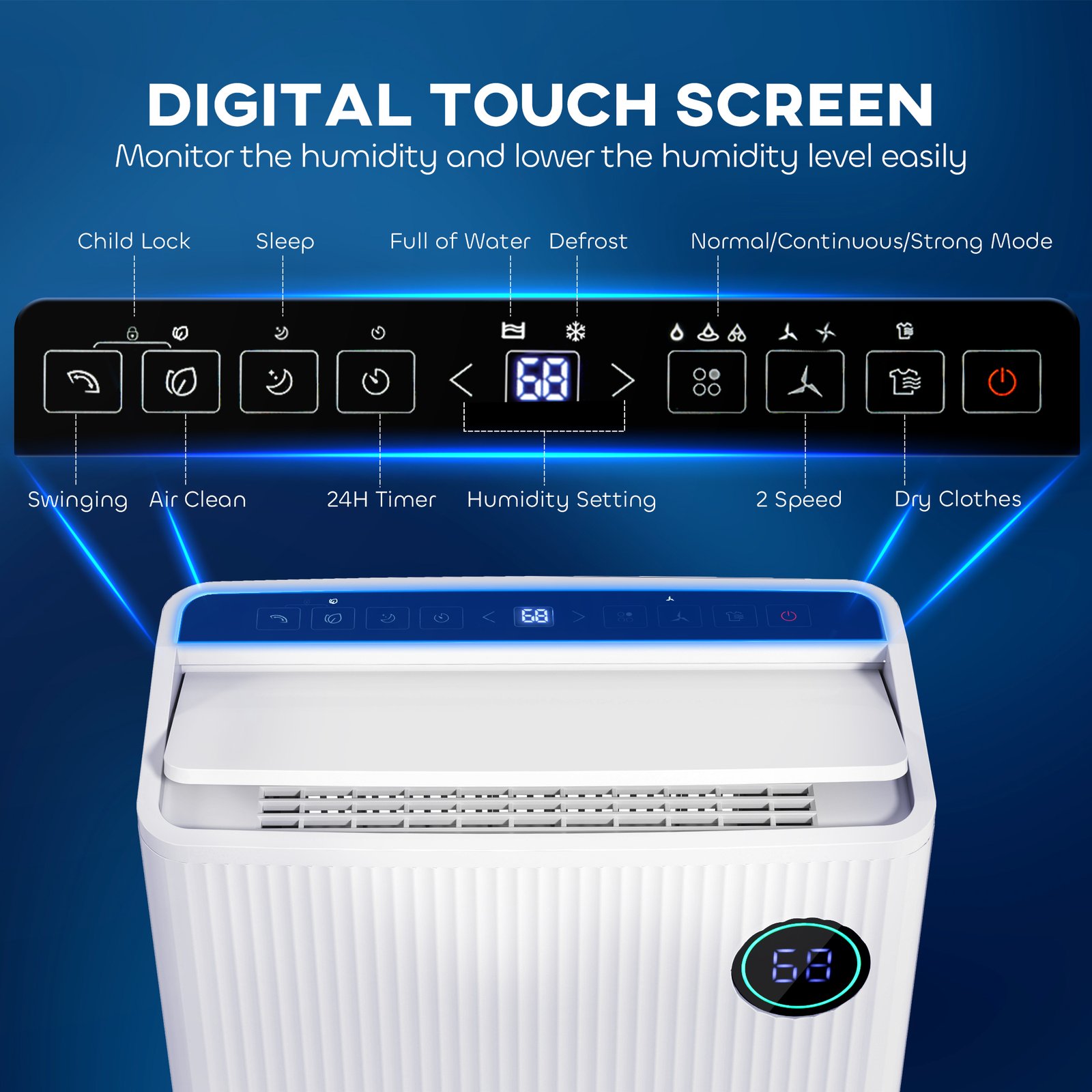HOMCOM 5500mL Portable Dehumidifier with Air Purifier, UVC, Ioniser, 24H Timer, 5 Modes, 16L/Day, for Home Laundry, White - Image 4