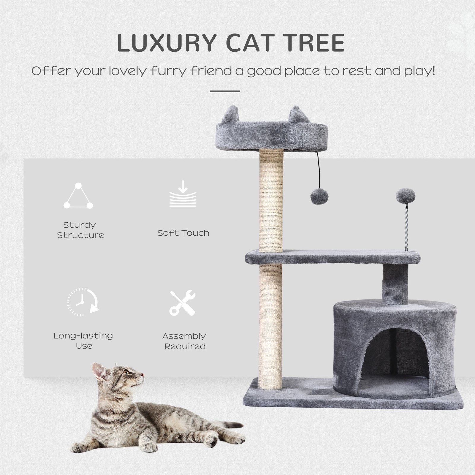 PawHut Cat Tree for Indoor Cats with Scratching Post Climbing Tower Kitty Activity Centre Condo Perch Jumping Platforms Grey 60L x 40W x 81H cm - Image 4