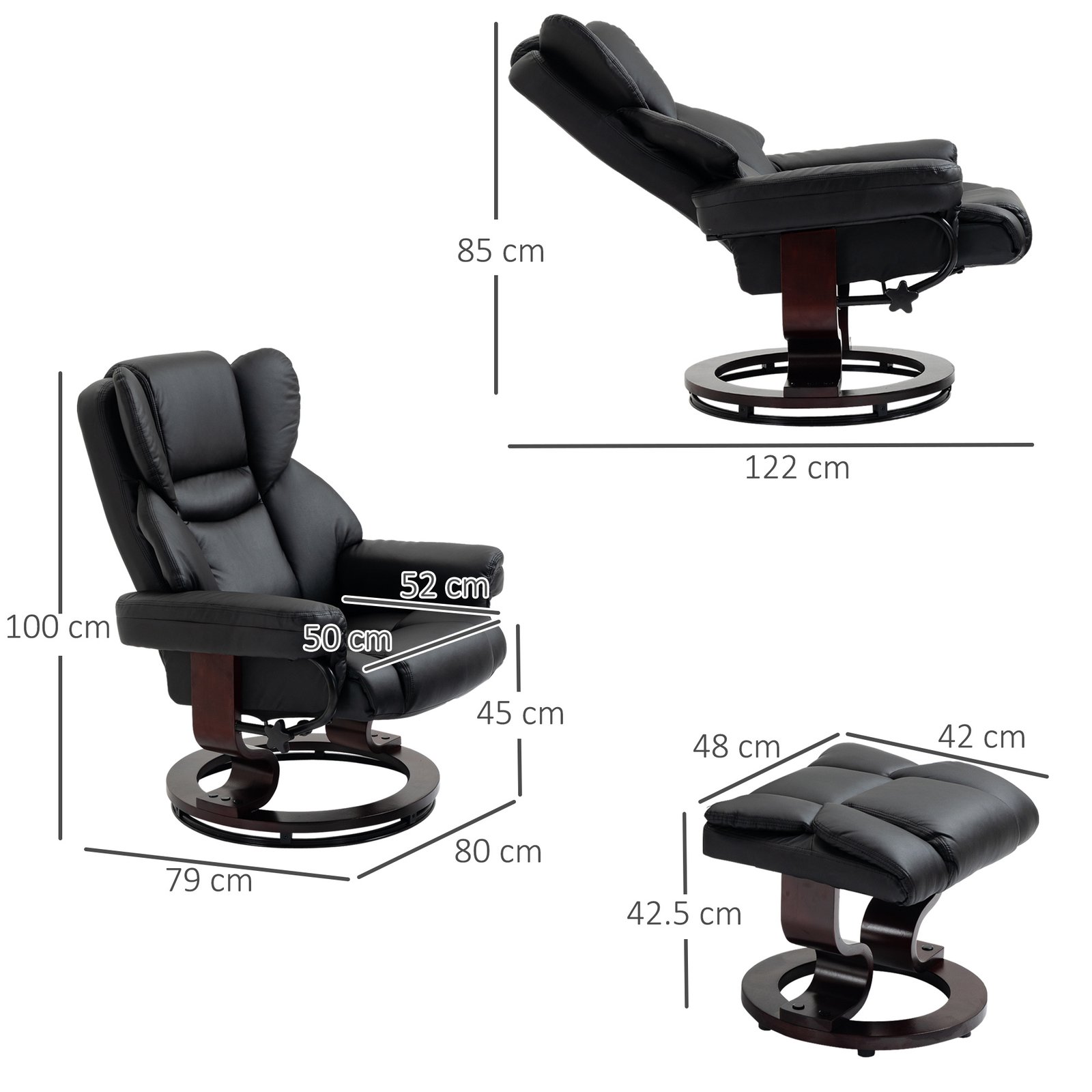 HOMCOM 360° Swivel Recliner Chair with Footstool, PU Leather Manual Recliner Armchair with Footstool, Solid Wood Base, Upholstered Reclining Chair for Living Room, Bedroom, Office, Black - Image 3