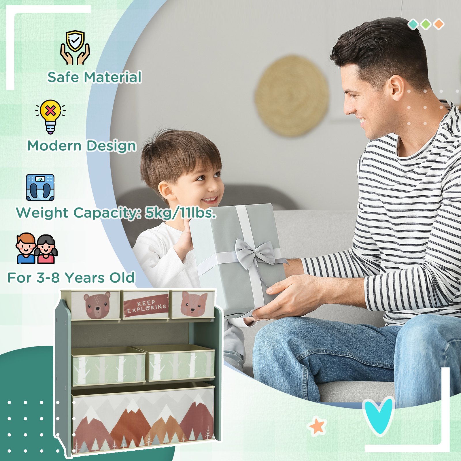ZONEKIZ Kids Storage Unit, Toy Storage Organiser, with Six Fabric Bins, for Bedrooms, Playrooms, Nurseries - Green - Image 7