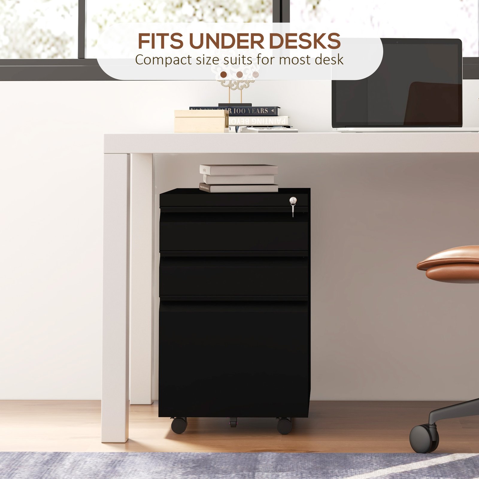 Vinsetto 3-Drawer Filing Cabinet with Lock, Mobile Steel File Cabinet for A4, Legal and Letter Size, Under Desk Drawers with Pre-Assembled Body for Home Office, 37 x 43.5 x 60 cm, Black - Image 8
