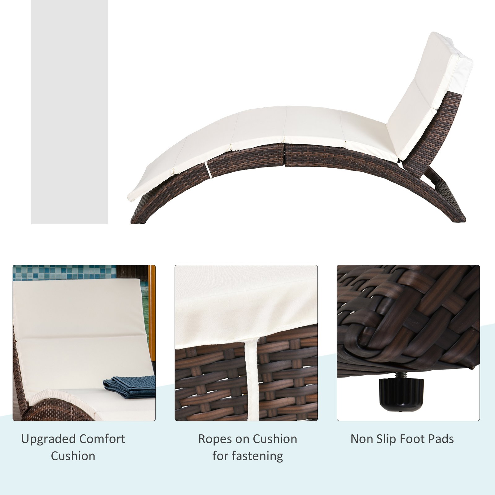 Outsunny Folding Sun Lounger, PE Rattan Garden Lounger Chair with Soft Padded Cushion, Ergonomic Curved Design Sun Bed for Balcony, Garden, Brown - Image 7