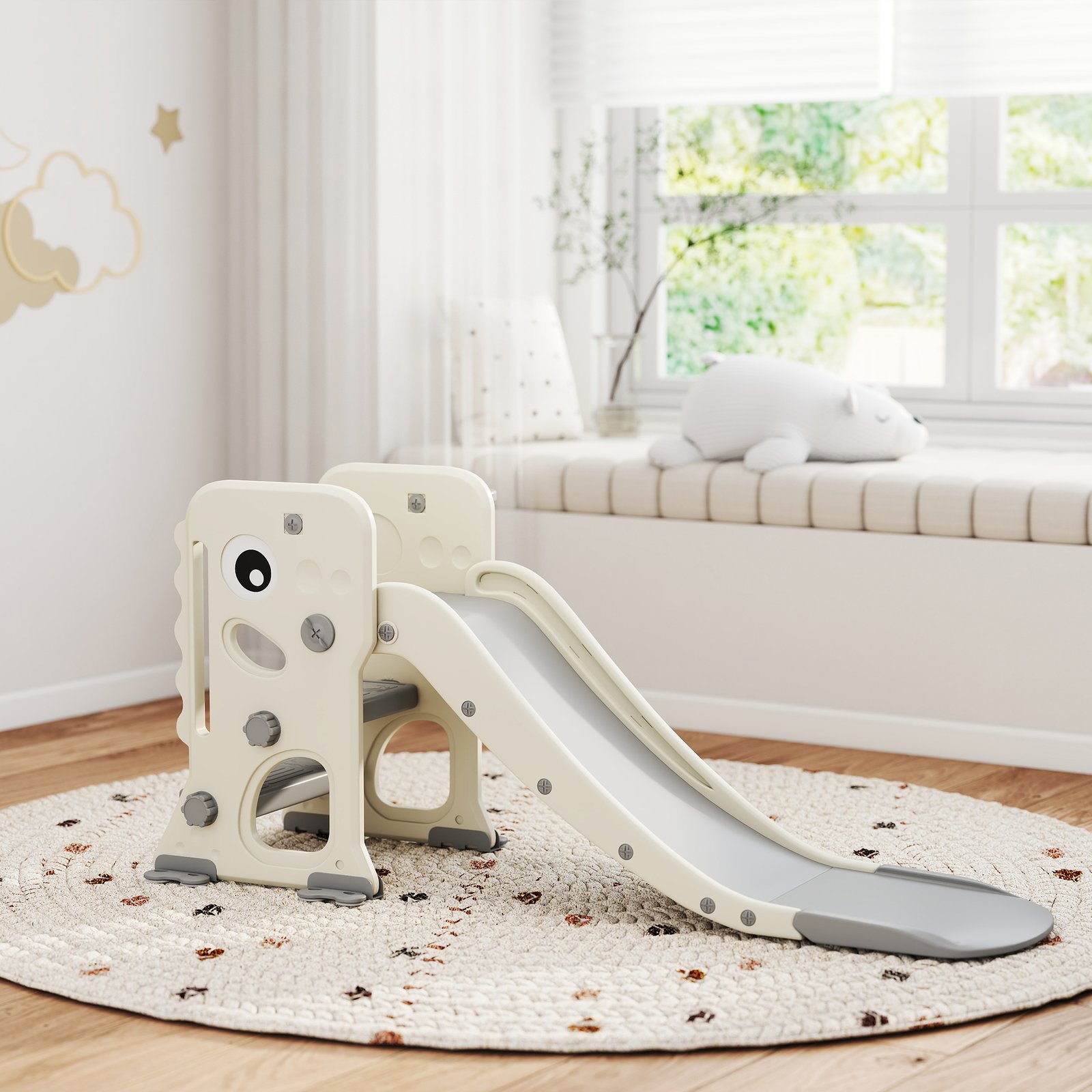 AIYAPLAY 3 in 1 Kids Slide with Climber, Basketball Hoop and Ball, Foldable Indoor Toddler Slide for Ages 2-5, Cream White - Image 2