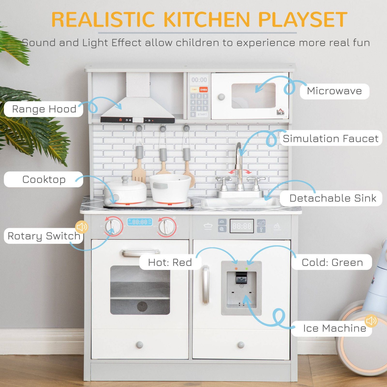 HOMCOM Kids Wooden Toy Kitchen Pretend Play Cooking Playset w/ Sound & Light Effect, Battery Operated Cooktop, Ice Machine, Marble Pattern Countertop, for 3-6 Years Old - Image 5