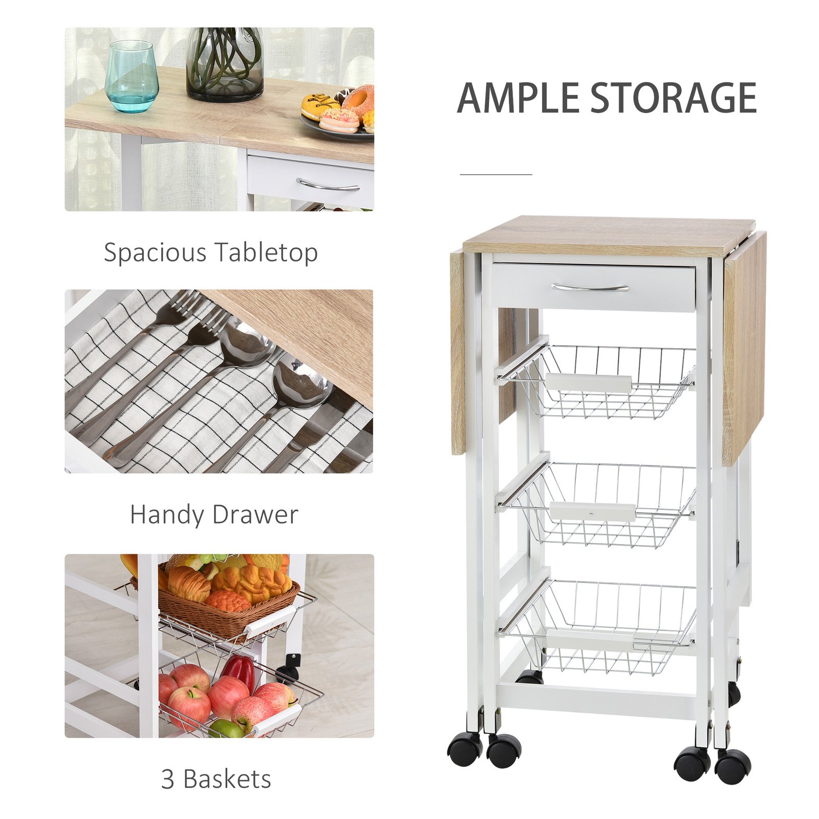 HOMCOM Drop-Leaf Kitchen Cart Trolley w/ 3 Baskets Drawer Surface Top 6 Universal Wheels Rolling Storage Unit Kitchen Home Dining Island White Oak Tone - Image 6