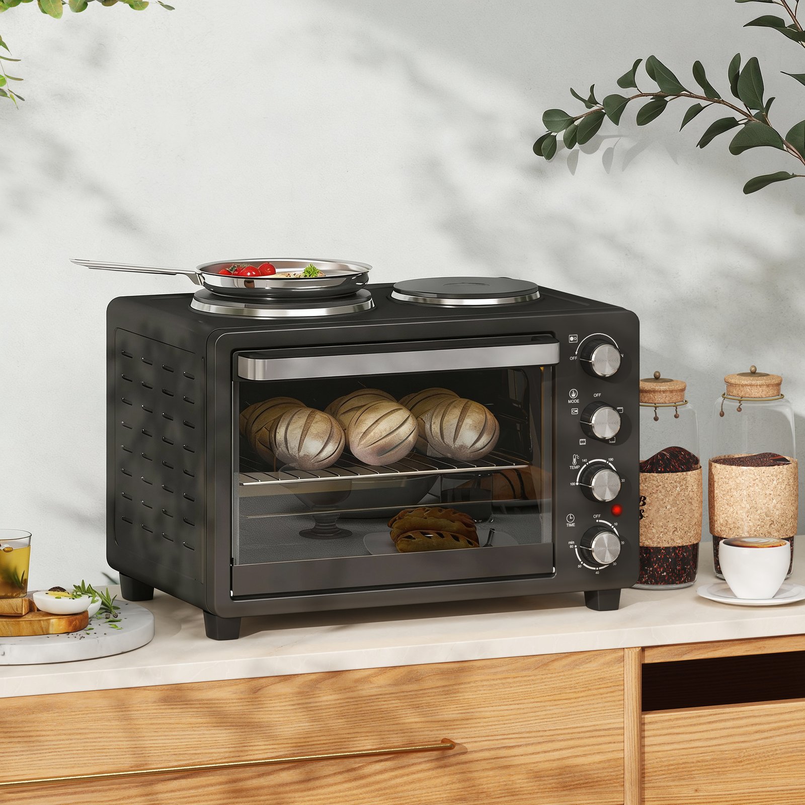 HOMCOM 28L Mini Oven with 2 Hot Plates, Countertop Toaster Oven, Grill, Roast, Bake, Boil, with Timer, Adjustable Temperature, Electric Oven with Baking Tray, Grill Rack, Crumb Tray, 2600W, Black - Image 2